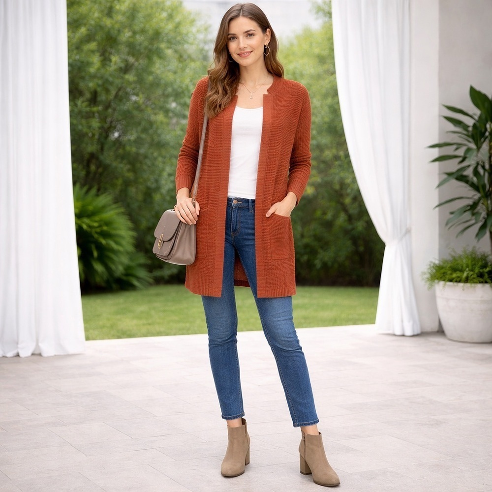 Sioni Terracotta Ribbed Texture Long Lined Duster Knit Cardigan Rustic Orange